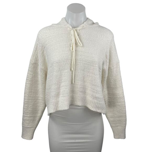 Forever 21 Women's White Ivory Fleece Lace Up Long Sleeve Hoodie Sweater Top S - Picture 1 of 5